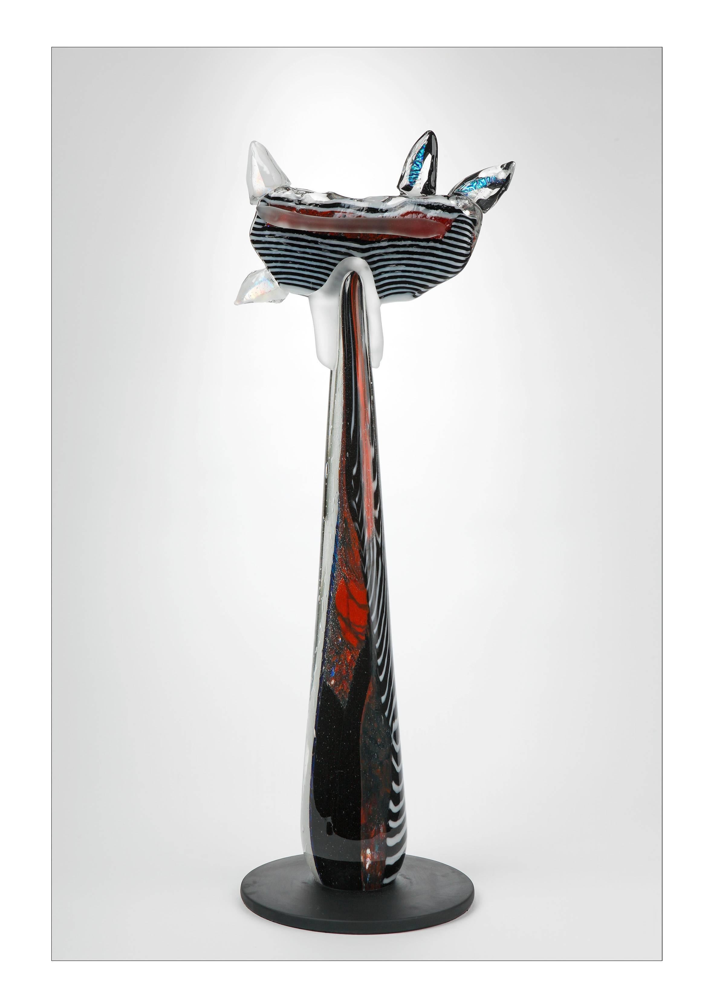 Louis La Rooy Figurative Sculpture - 'Calico Cat' Abstract Blown Glass Sculpture