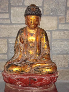 "Buddha Statue I"  Unknown Red Gold Black Wood Seated Buddha Statue