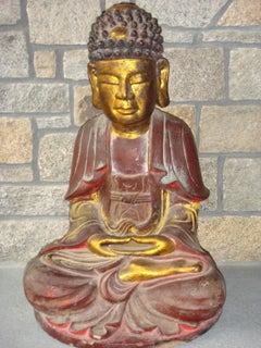 Antique "Buddha Statue II" Unknown Red Gold Painted Wood Seated Buddha Statue