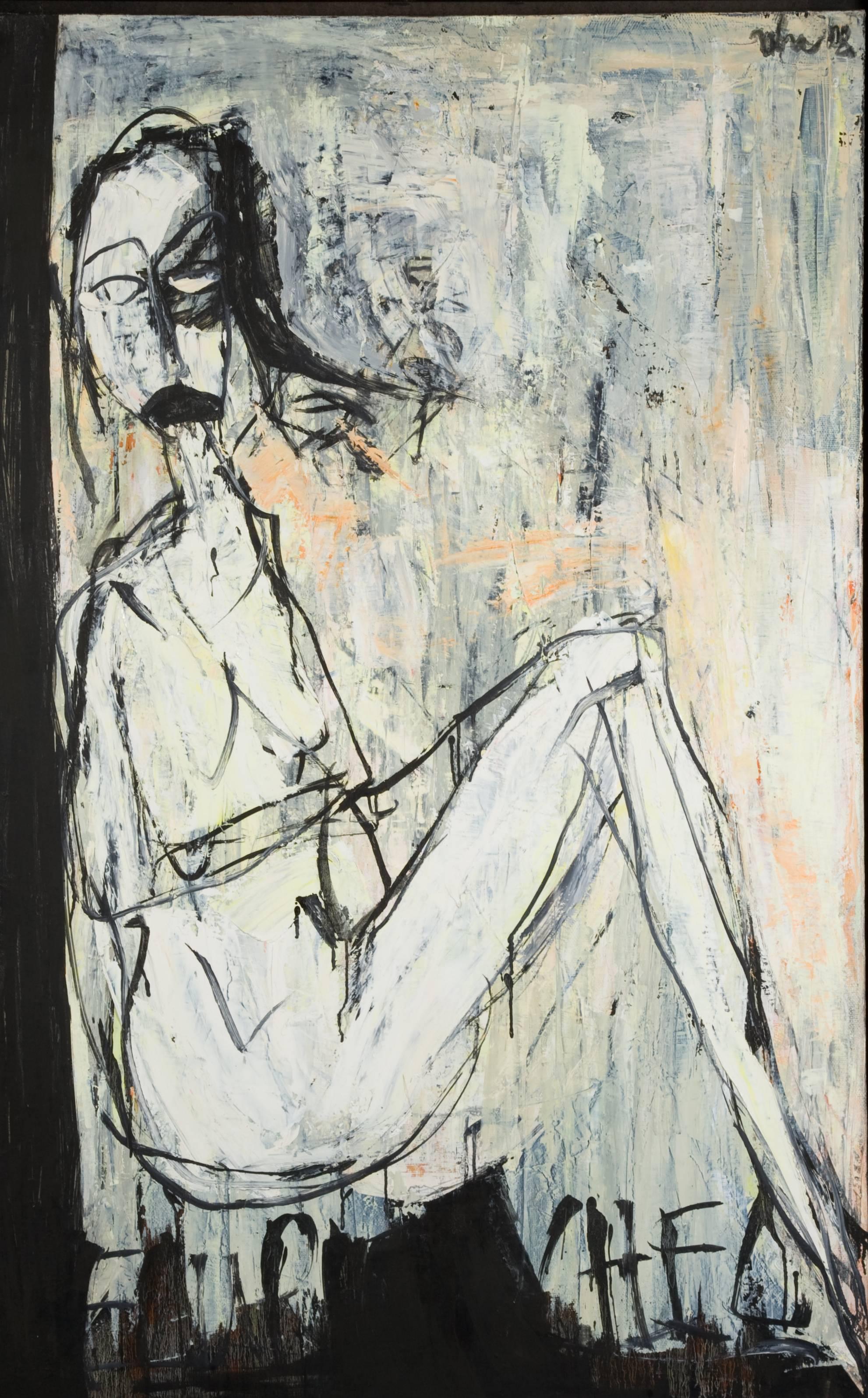 Dinh Y Nhi Nude Painting – "" Asiatische Geschichte"" Öl auf Leinwand Figurativer weiblicher Akt in Schwarz, Weiß und Grau