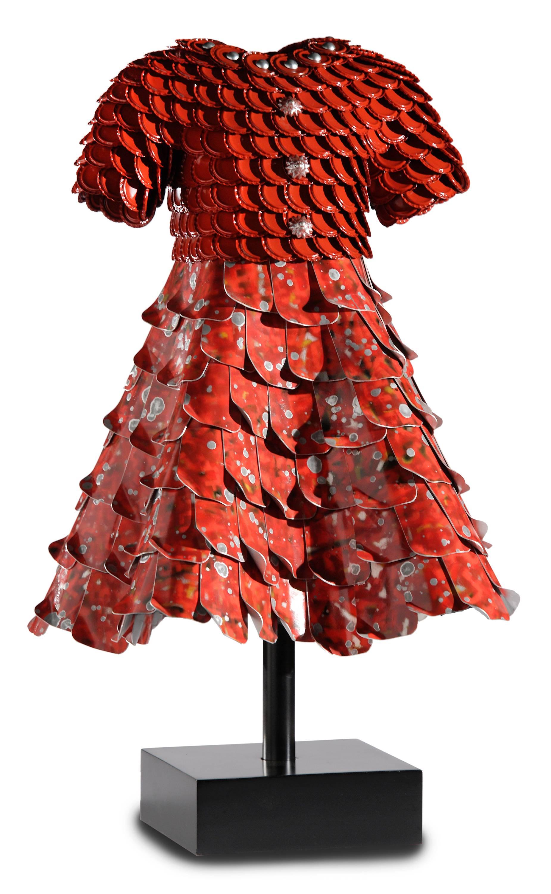 John Petrey Figurative Sculpture - 'Susan' Mixed Media, Found Object Sculpture of a Red Dress
