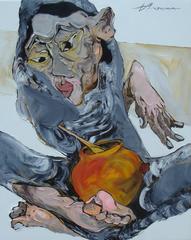 "Clay Pot" La Ba Quan Oil Painting Figurative Asian Red Orange Blue Grey Yellow