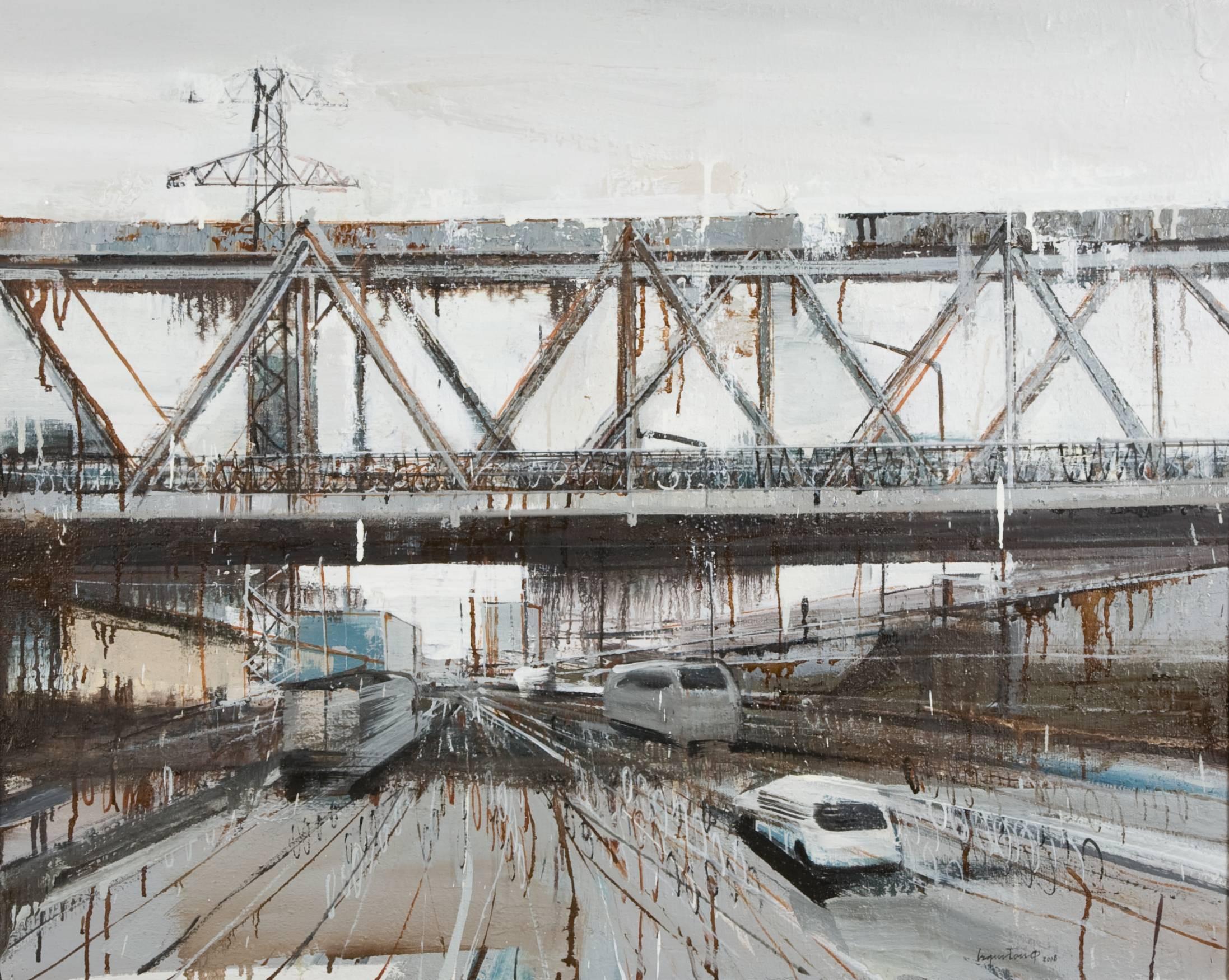 Le Quy Tong Landscape Painting - 'Long Bien Bridge 6' Contemporary Painting of Urban Scene