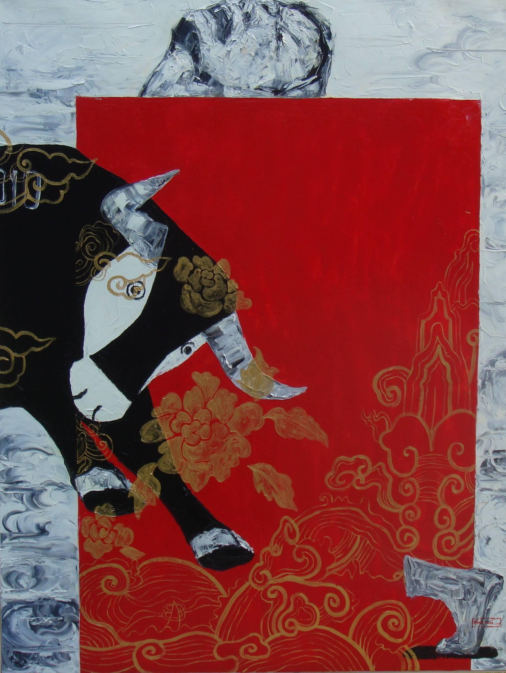 Figurative Painting Nguyen Dinh Vu - « My Pet Bull », huile sur toile d'un taureau noir avec rouge, noir, or, bleu et gris