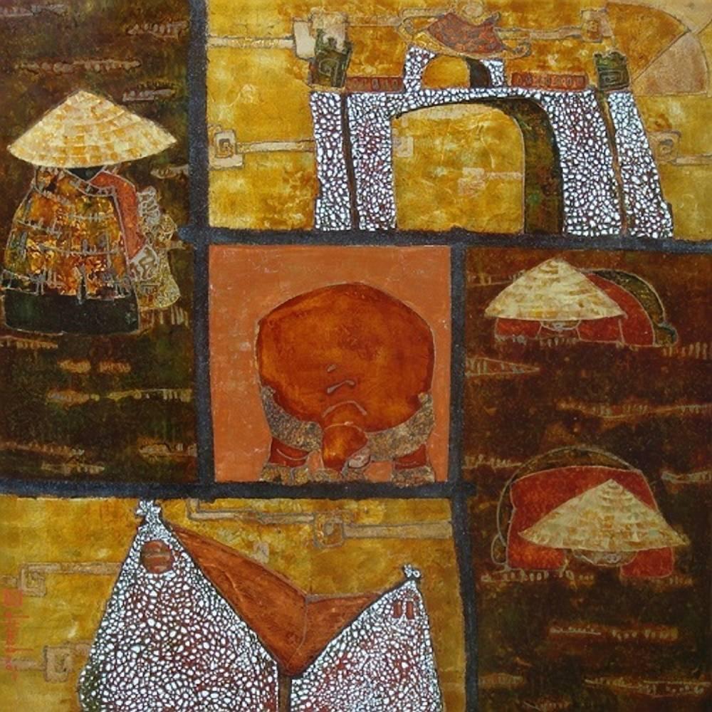  Tran dinh Khuong is a contemporary artist inspired by the Vietnamese countryside.  He paints using traditional lacquer on wood creating bold modern compositions in vivid colors of reds, browns, yellows and oranges.
