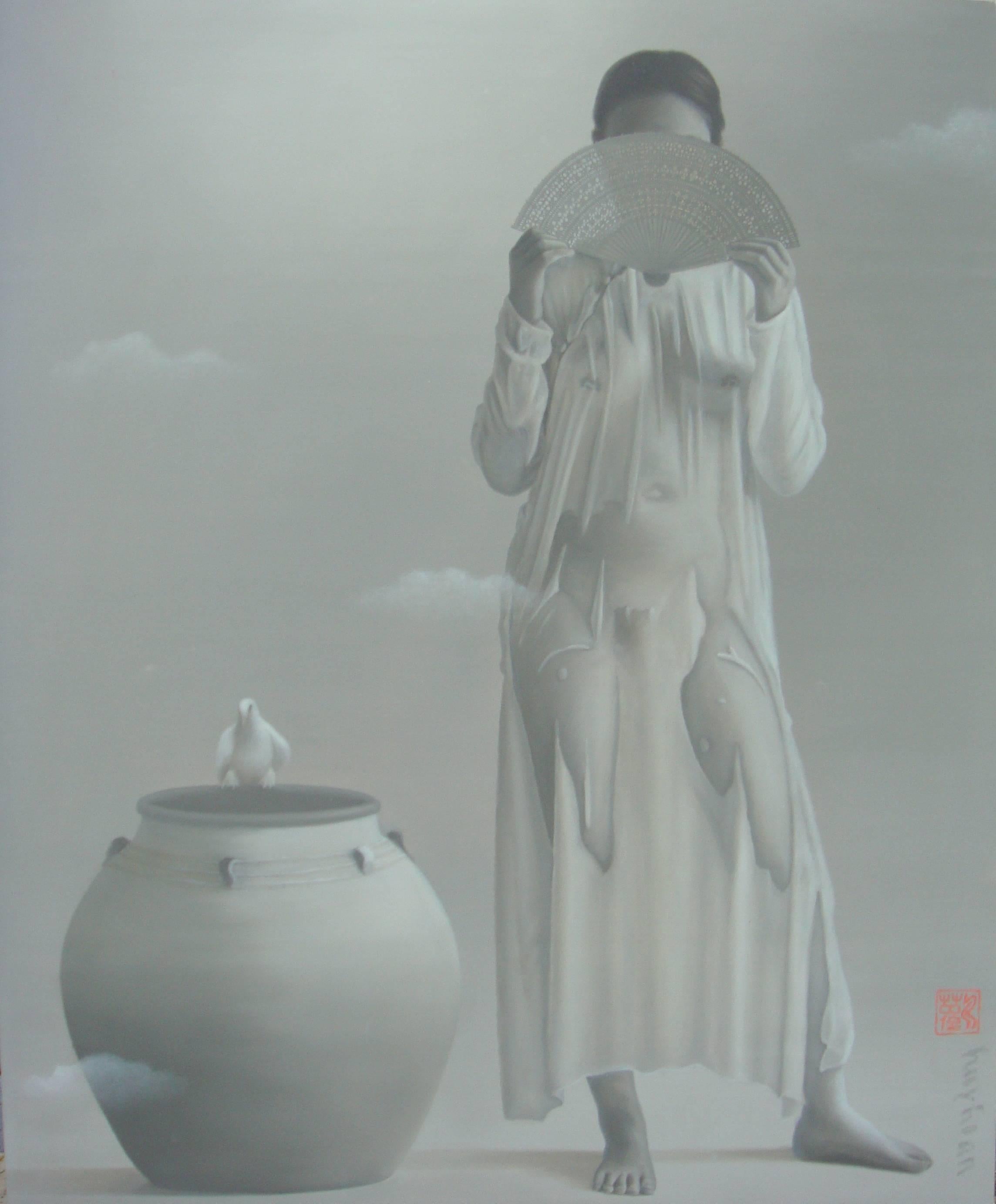 Tran Huy Hoan Nude Painting – „Remembrances“, graues, monochromes Gemälde, nackte Frau