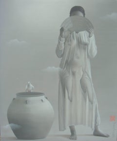 'Remembrances', Grey, Monochrome Painting, Nude Woman