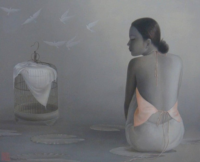 "Flying Doves" by Tran Huy Hoan Oil on Canvas Painting Woman Black White Grey 1