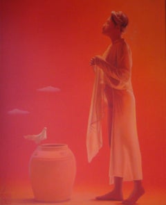 'Peaceful Dove' Red Monochromatic Painting, Female Figure