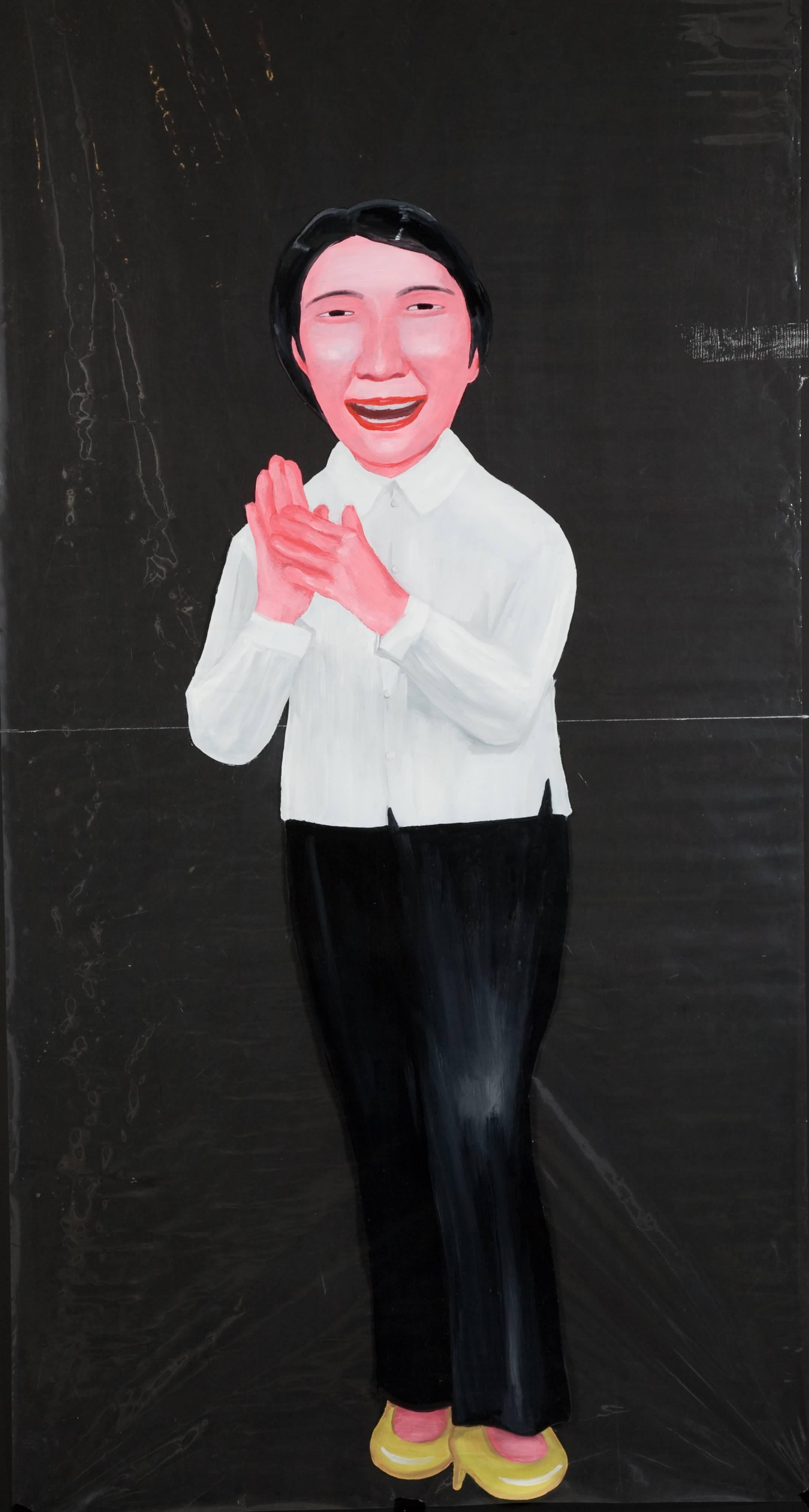 Tran Trong Vu peint un récit contemporain sur les changements qui ont eu lieu dans son pays natal, le Vietnam.  Il peint sur de grandes feuilles de plastique transparent ainsi que de l'huile sur toile.