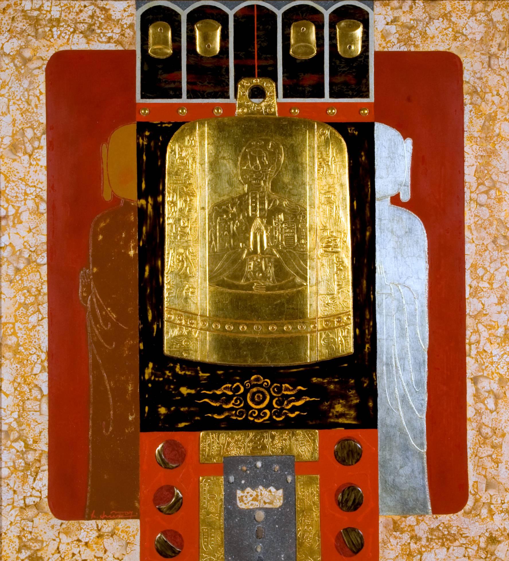 Trinh Quoc Chien a un style unique de peinture abstraite contemporaine sur un support traditionnel de laque et de bois.  Sa composition de panneaux d'images emblématiques est unique et moderne.