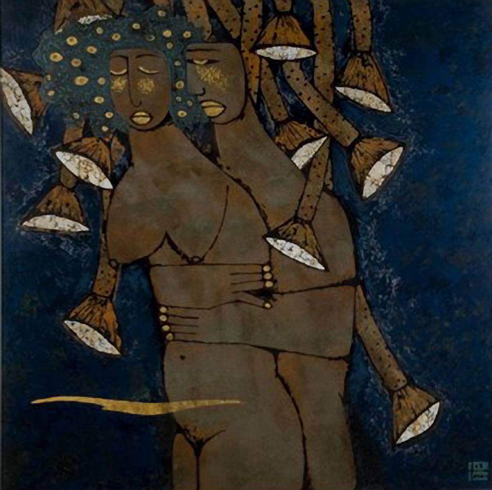 "Intimate Love" by Trinh Tuan Lacquer on Wood Figurative Blue Grey Gold Brown