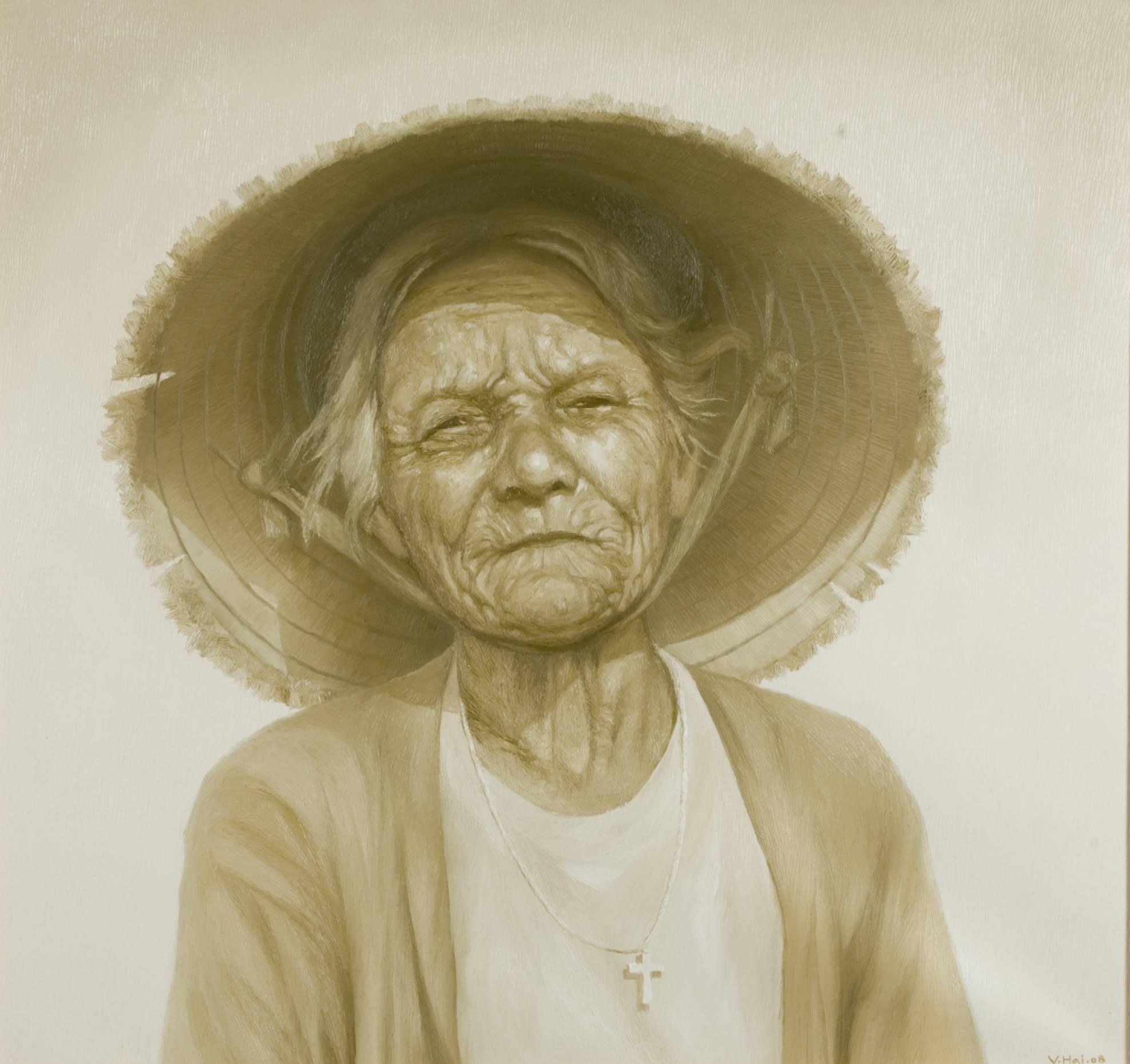 Vu Nhu Hai Portrait Painting - 'Old Woman Living Near Sea' Oil on Canvas Portrait White Grey Green
