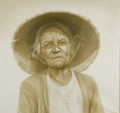 „Old Woman Living Near Sea“, Öl auf Leinwand, Porträt in Weiß, Grau und Grün