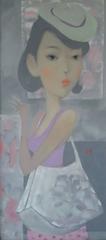 "Art Lover" by Nguyen Van Cuong Oil on Canvas Woman Purple Pink Grey Red