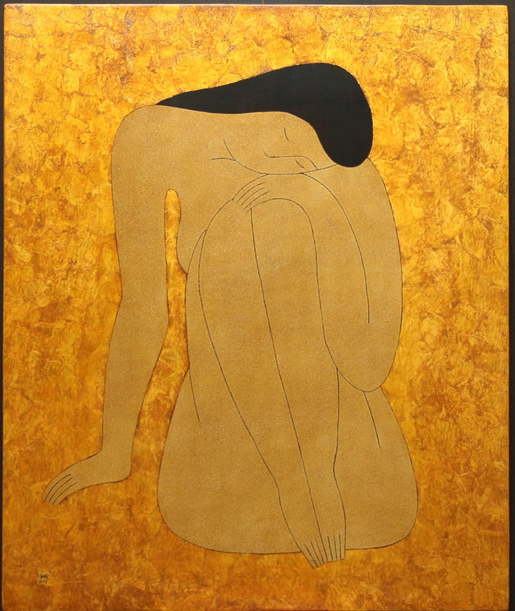 Dinh Hanh Figurative Painting - "Female at Rest" Dinh Hahn Figurative, Female, Lacquer on Wood, Asian, Gold 