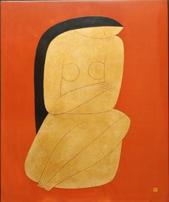 Thinking, Dinh Hanh Lacquer on Wood Painting of a Nude Woman on Red Background