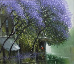 « Morning Rain », Le Thanh Son, Huile sur toile Paysage, Violet, Vert, Jaune et Rouge