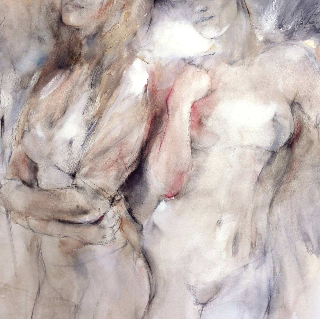 Grace - Soft Toned Sensitive Portrayal of Intimate Figures and Graceful Nudes - Gray Figurative Painting by Gabriele Mierzwa