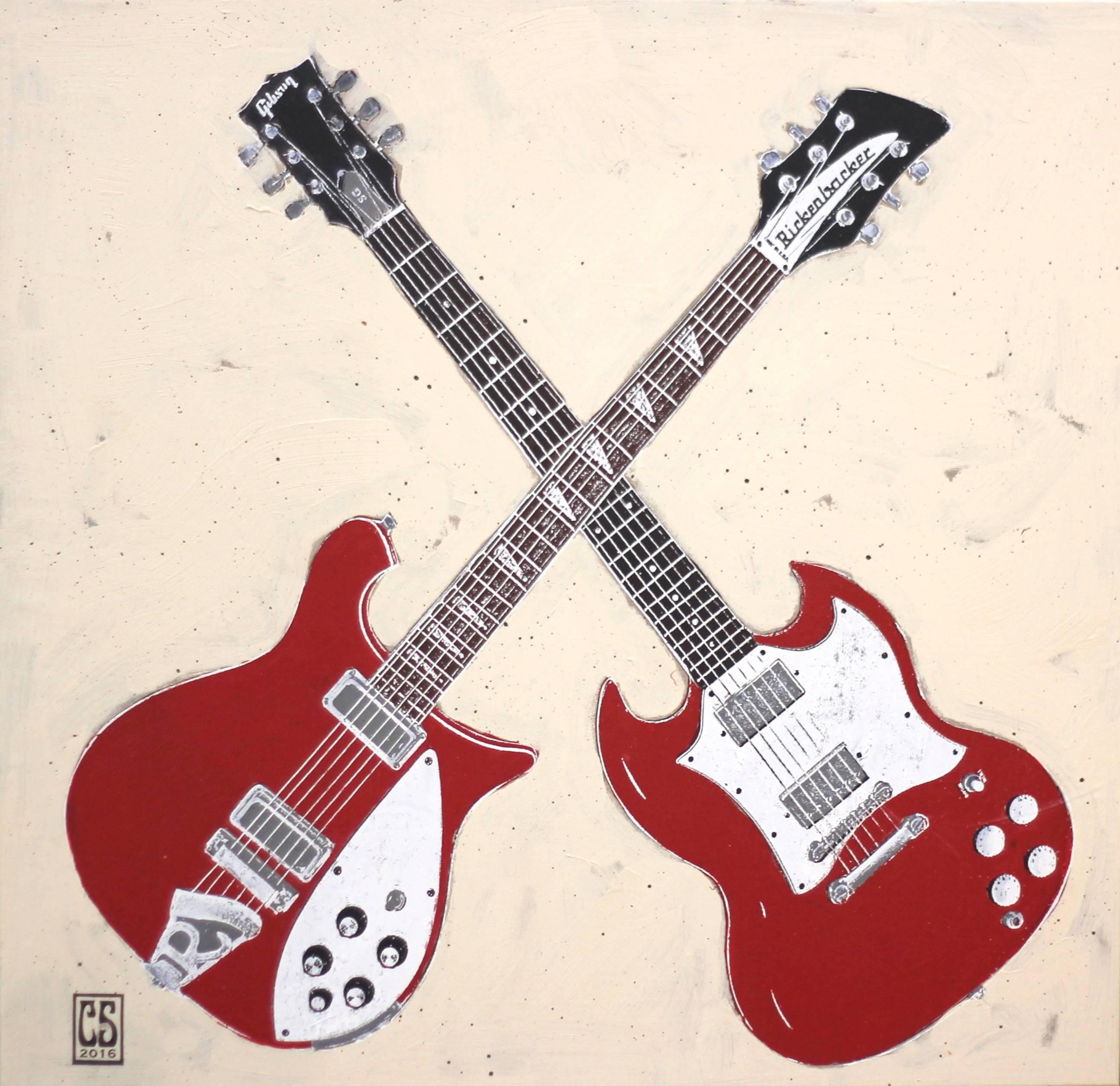 Carl Smith Still-Life Painting - Double Trouble - Two Red Guitars Original Music Instrument Painting on Canvas