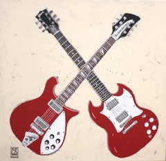 Double Trouble - Two Red Guitars, Original-Musikinstrumentgemälde auf Leinwand