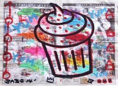 "Yummy Cupcake" - Original Pop Street Art on Newspaper by Gary John