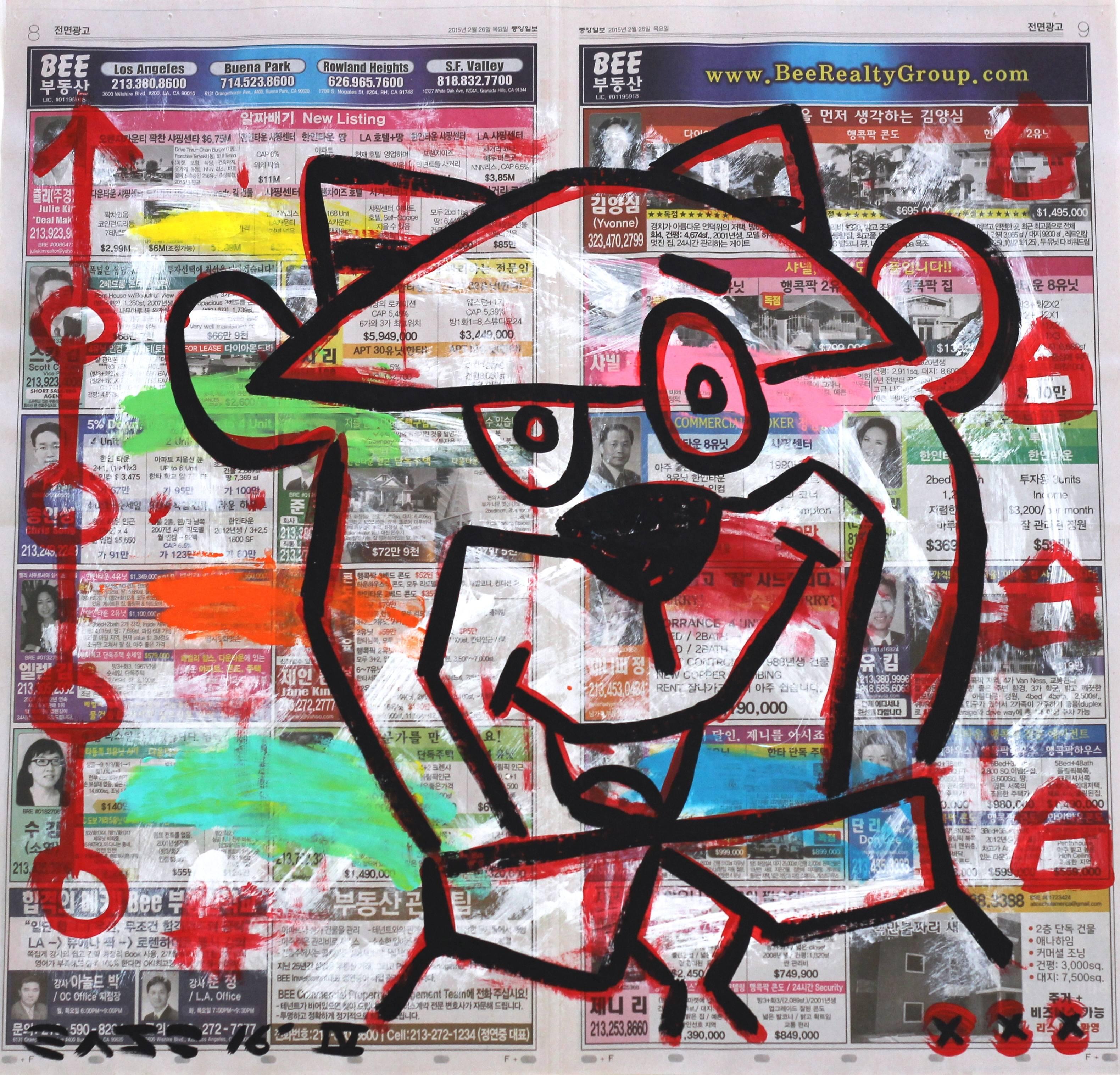 „Don't Worry 1“ – Originalfarbige Yogi-Bär-Street-Kunst auf Zeitung von Gary John