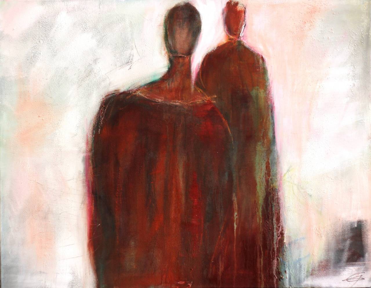858 - Grande peinture abstraite figurative rouge à l'huile et technique mixte sur toile