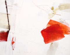 Balance - Großes gerahmtes abstraktes Gemälde in Weiß und Rot auf Leinwand