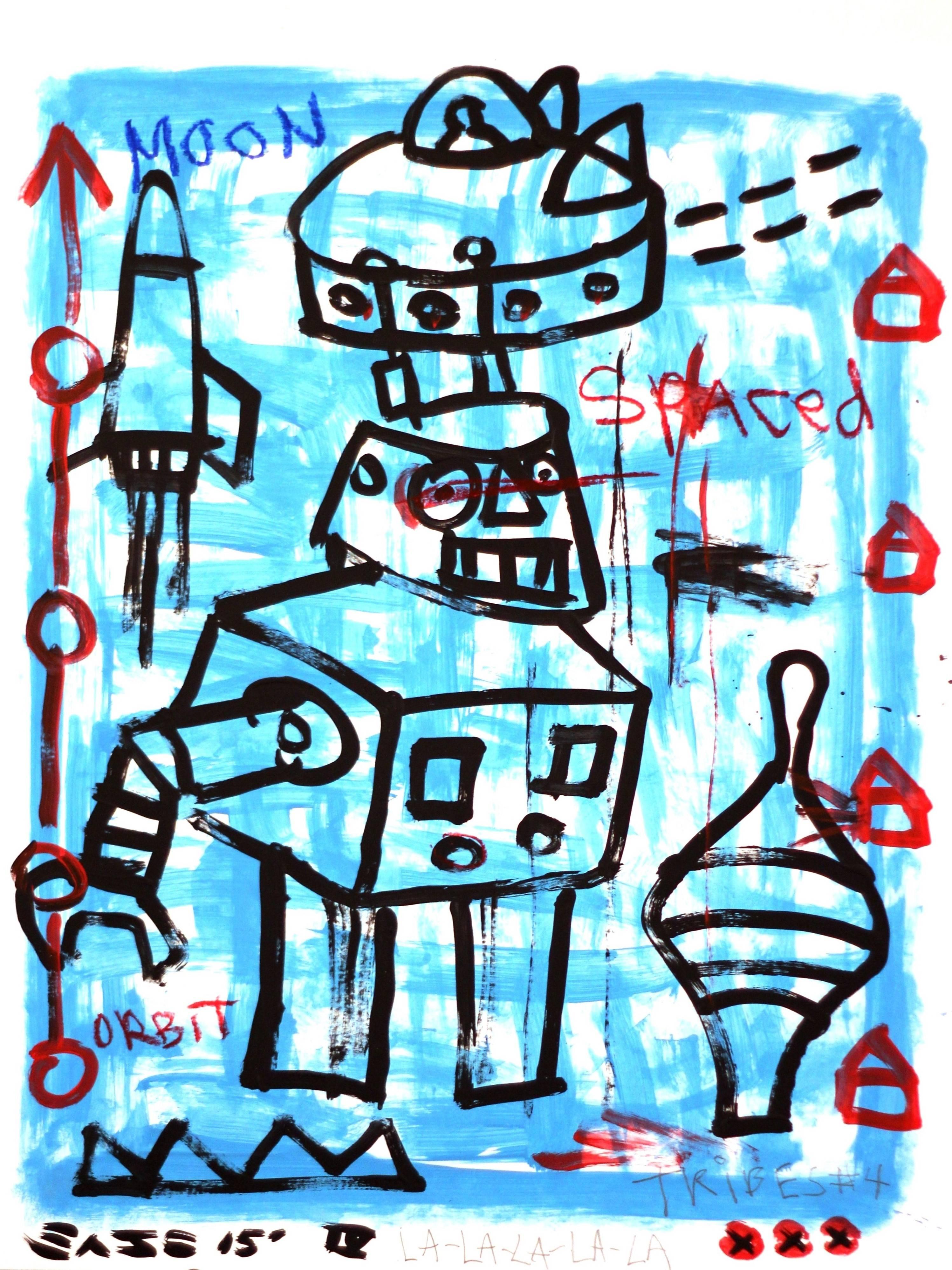 "Moon Robot" - Original Blue Sci-Fi Robots Street Art by Gary John