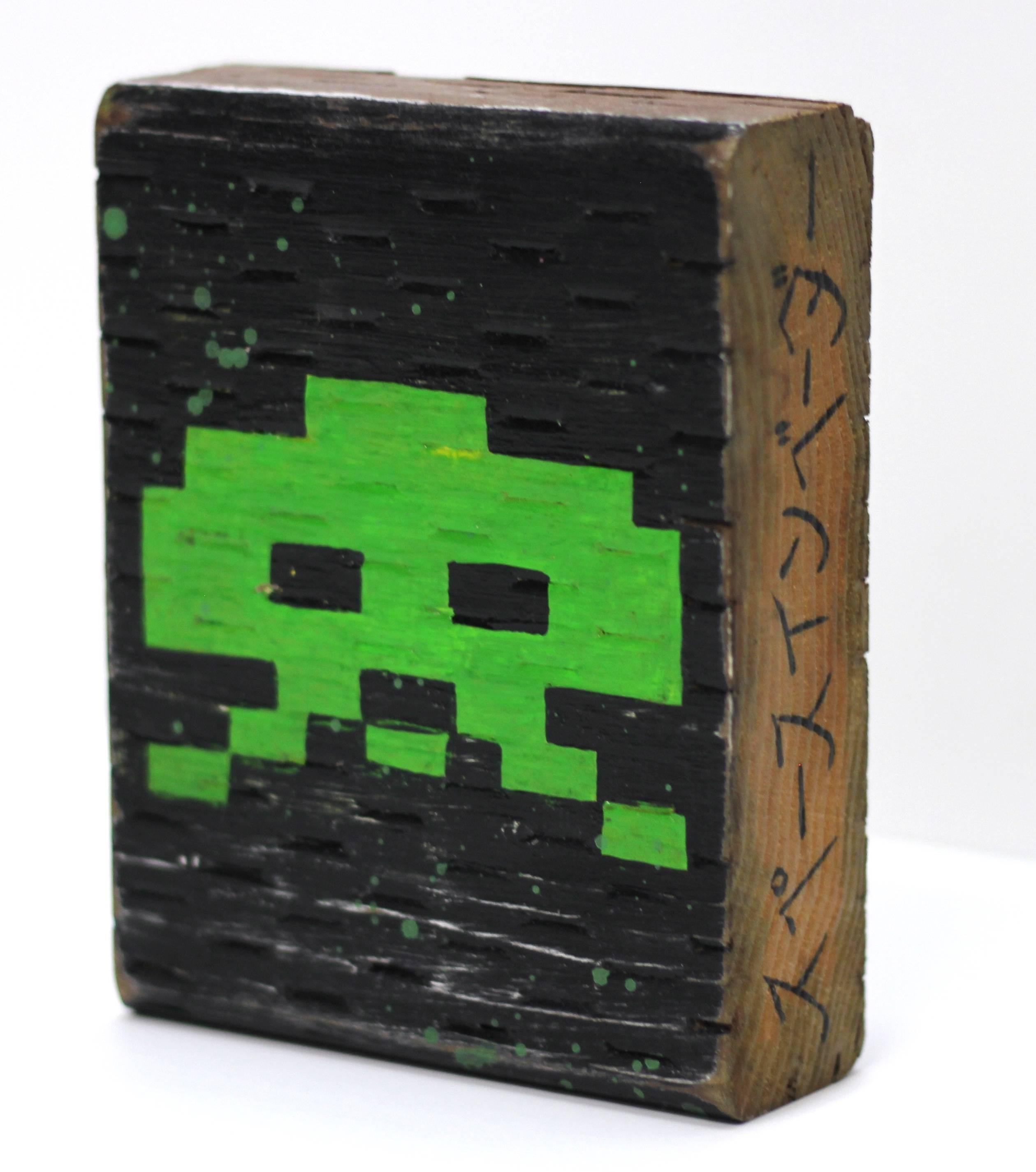 Space Invader Green - Brown Figurative Painting by Courtney Raney