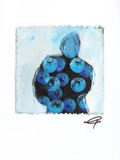 4436 - Blue Figurative Abstract Textured Dot Original Painting on Canvas