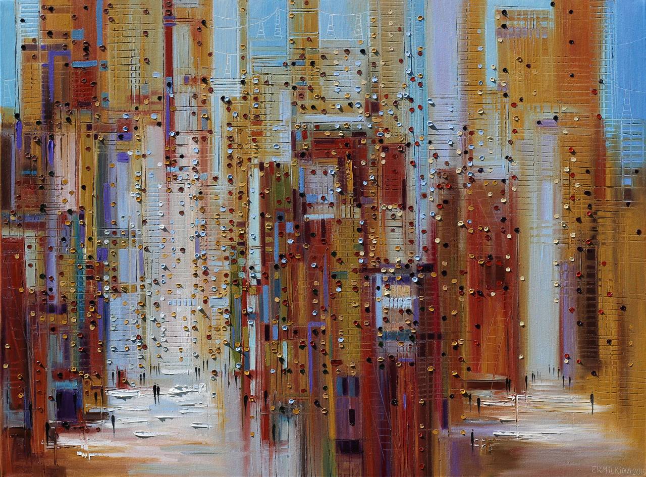 Landscape Painting de Ekaterina Ermilkina - Calles Soleadas - Pintura al Óleo Gruesa Original Vida en la Ciudad Rascacielos