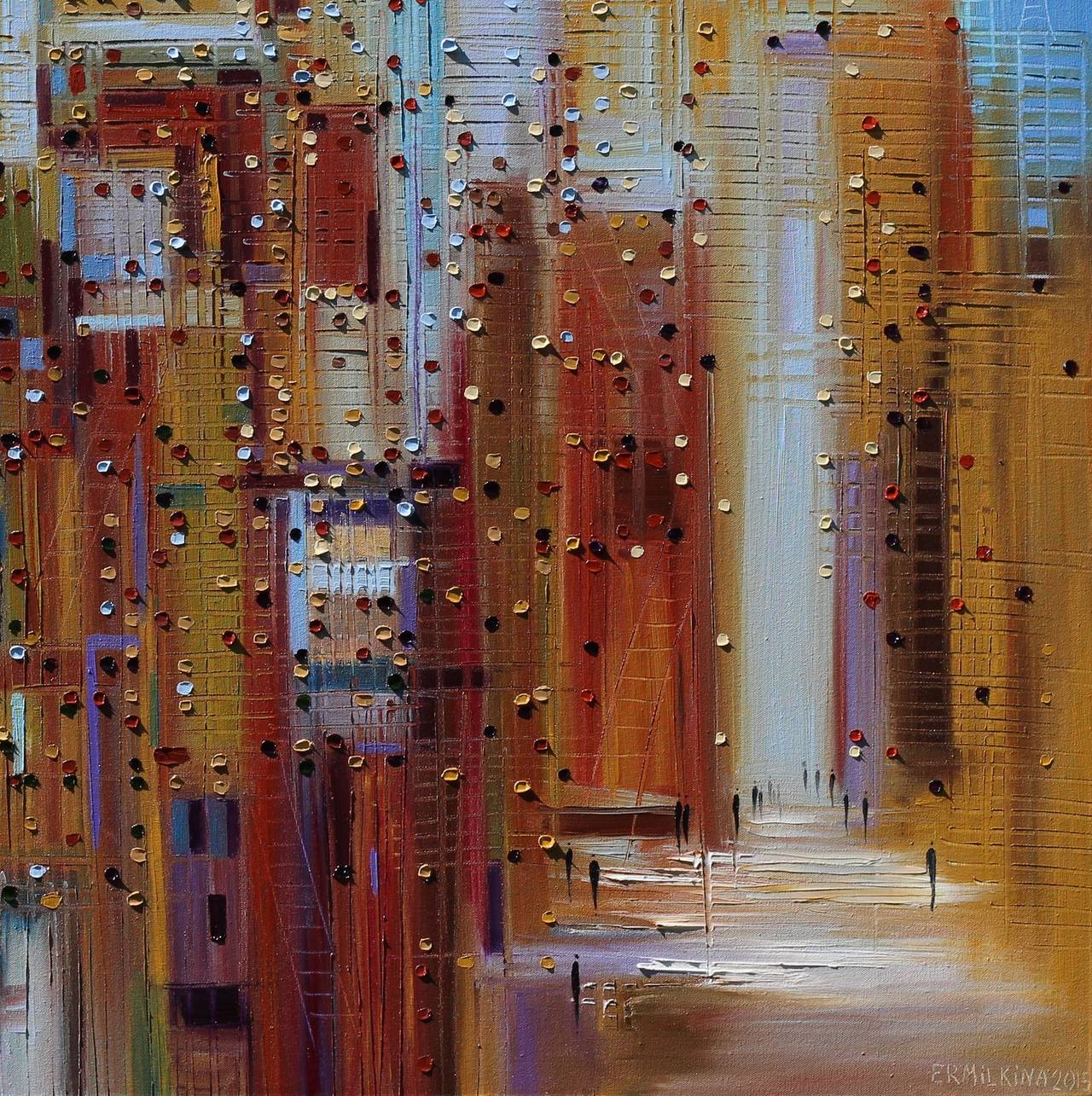 Sunny Streets - Thick Impasto Original Oil Painting City Life Skyscrapers For Sale 1