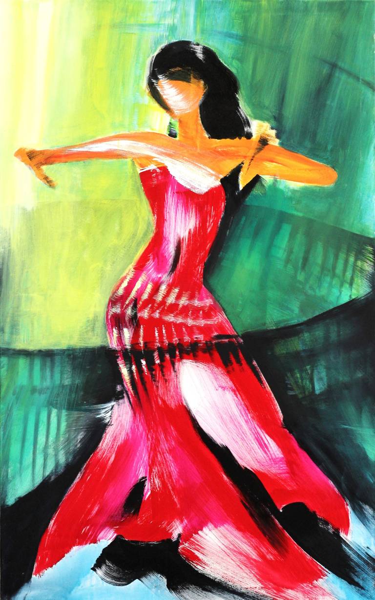 Tänzerin in Rot – großes, farbenfrohes, expressionistisches, figuratives Ölgemälde auf Leinwand