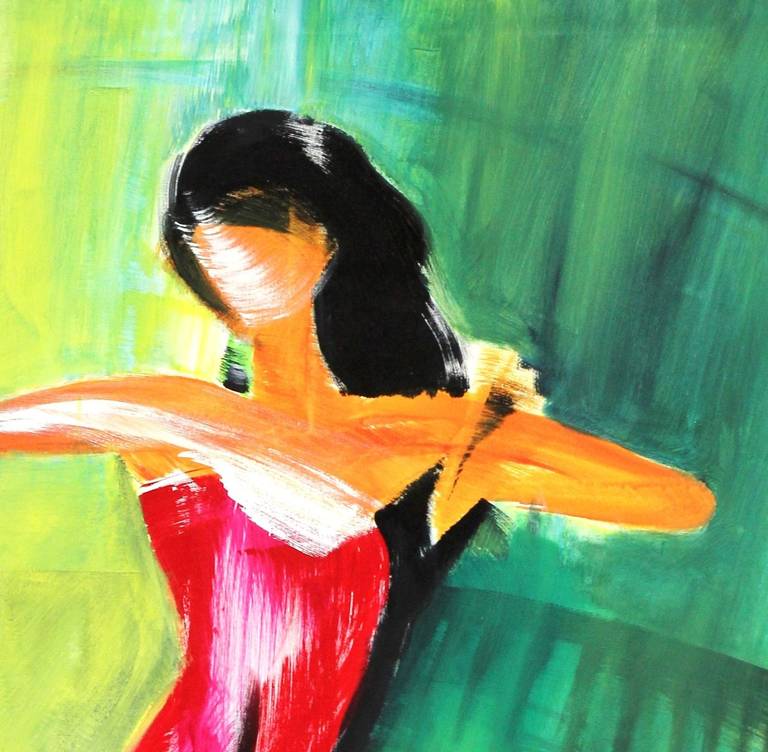 Danseuse en rouge - Grande peinture à l'huile figurative colorée sur toile en vente 1