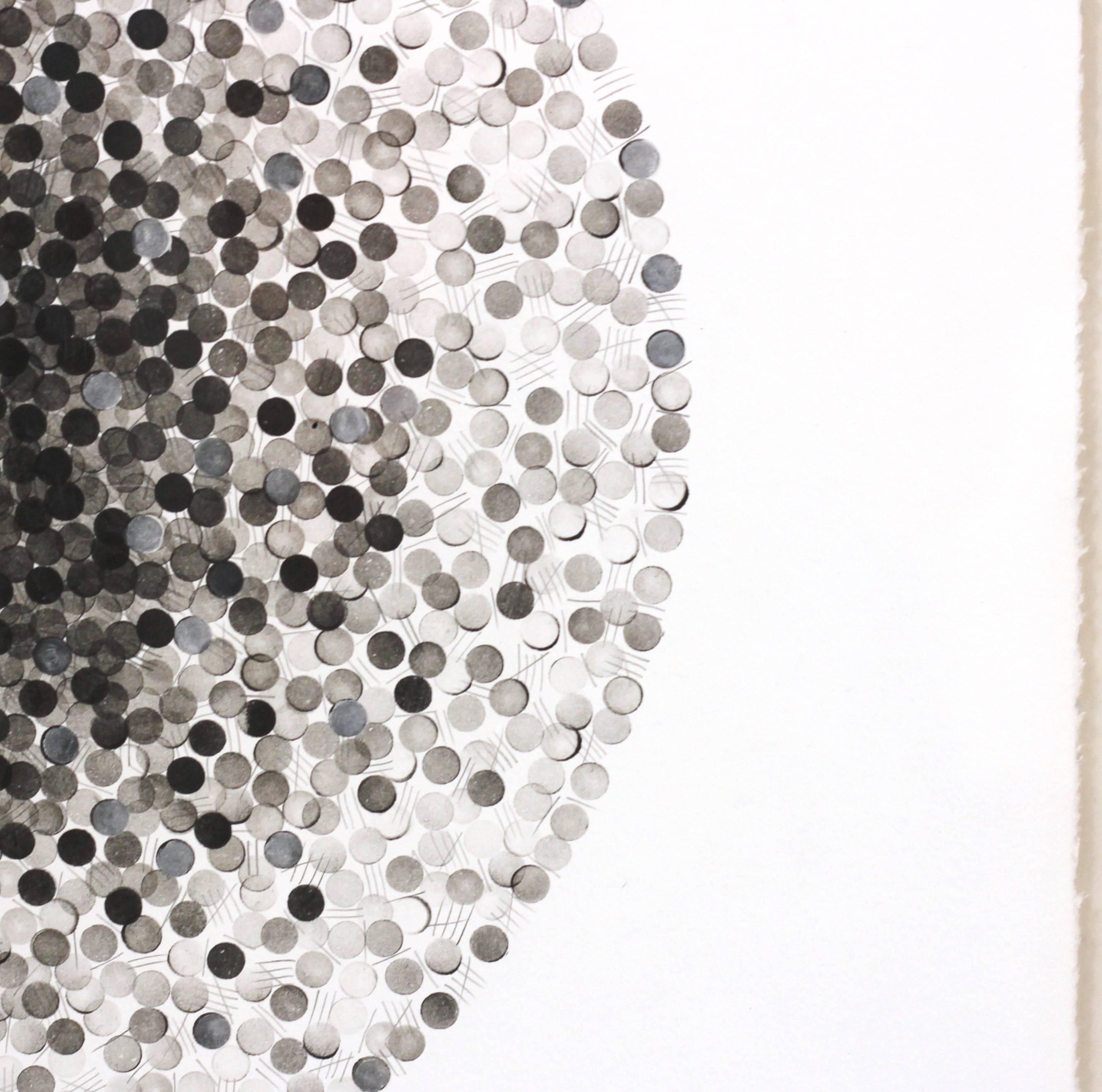 Barbara Kolo’s one-of-a-kind painting consists of a collection of dots and lines, carefully placed with ink and graphite on paper. By applying hundreds of small, distinct dots of ink in a pattern to form the image of a unique shape, Kolo relies on