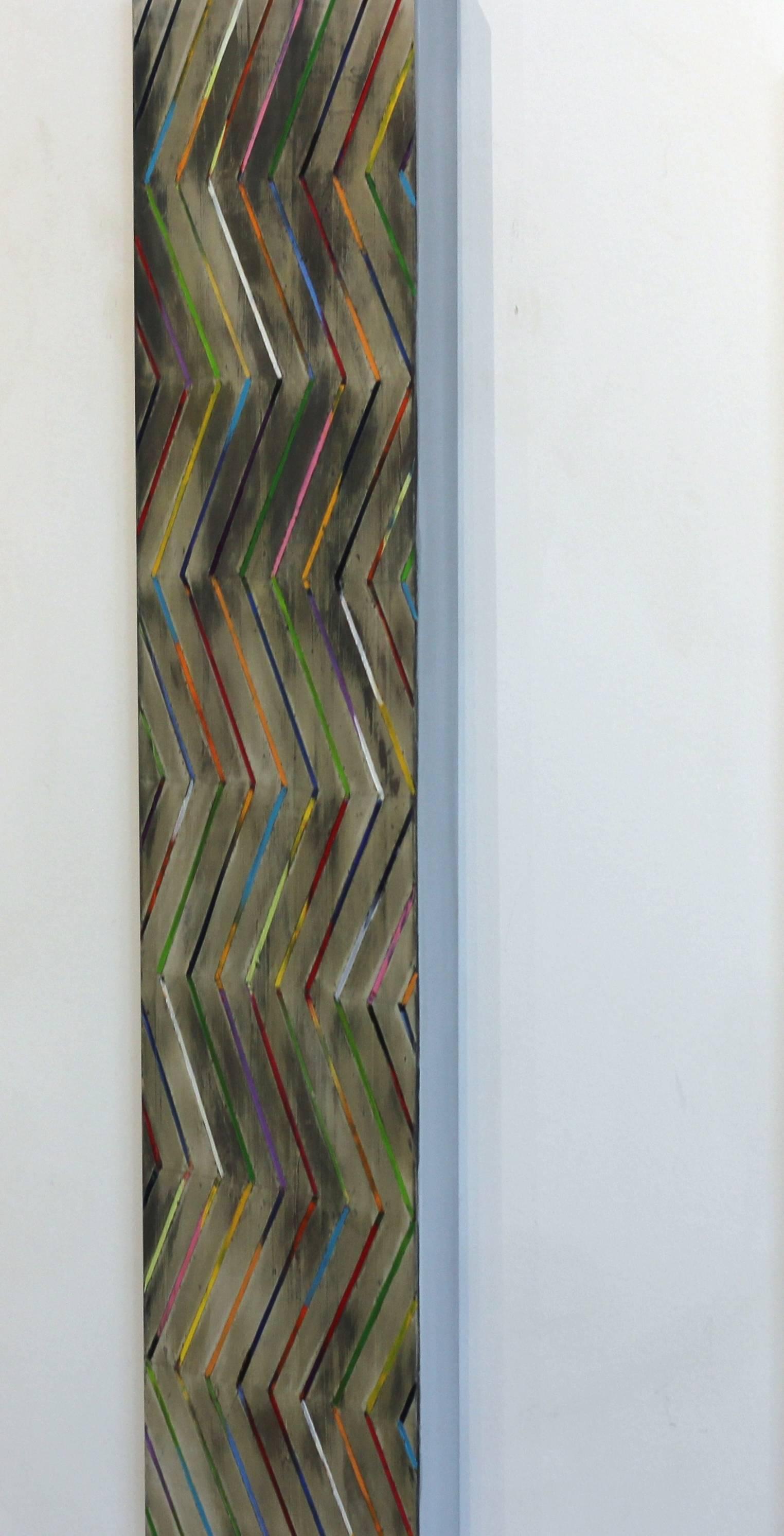 Zig Zag 16-3-2 - Original farbenfrohes Ölgemälde mit Streifen mit Textur (Grau), Abstract Painting, von Petra Rös-Nickel
