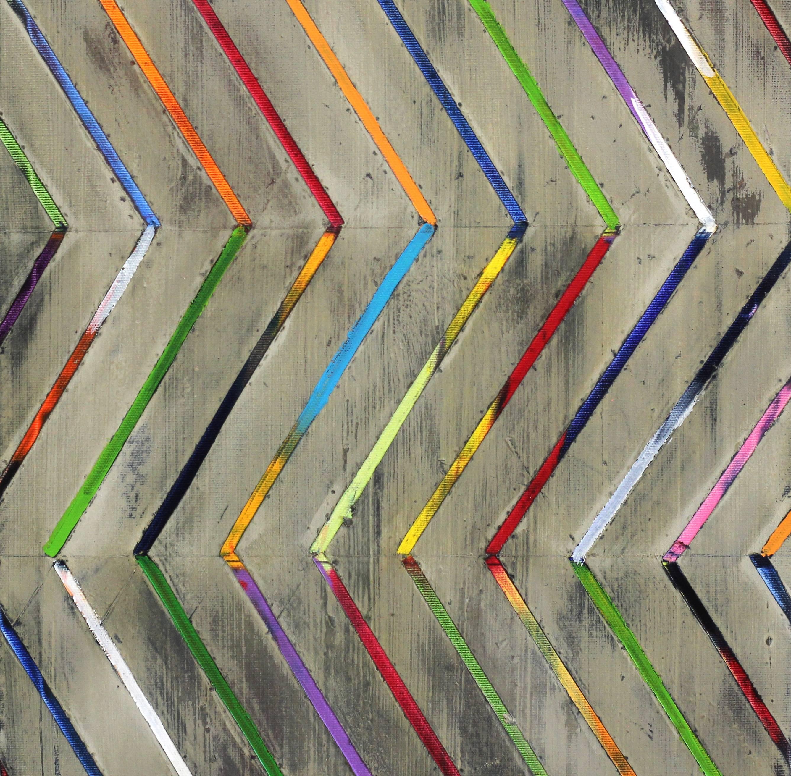 Zig Zag 16-3-2 - Original Colorful Oil Painting Stripes with Texture For Sale 1