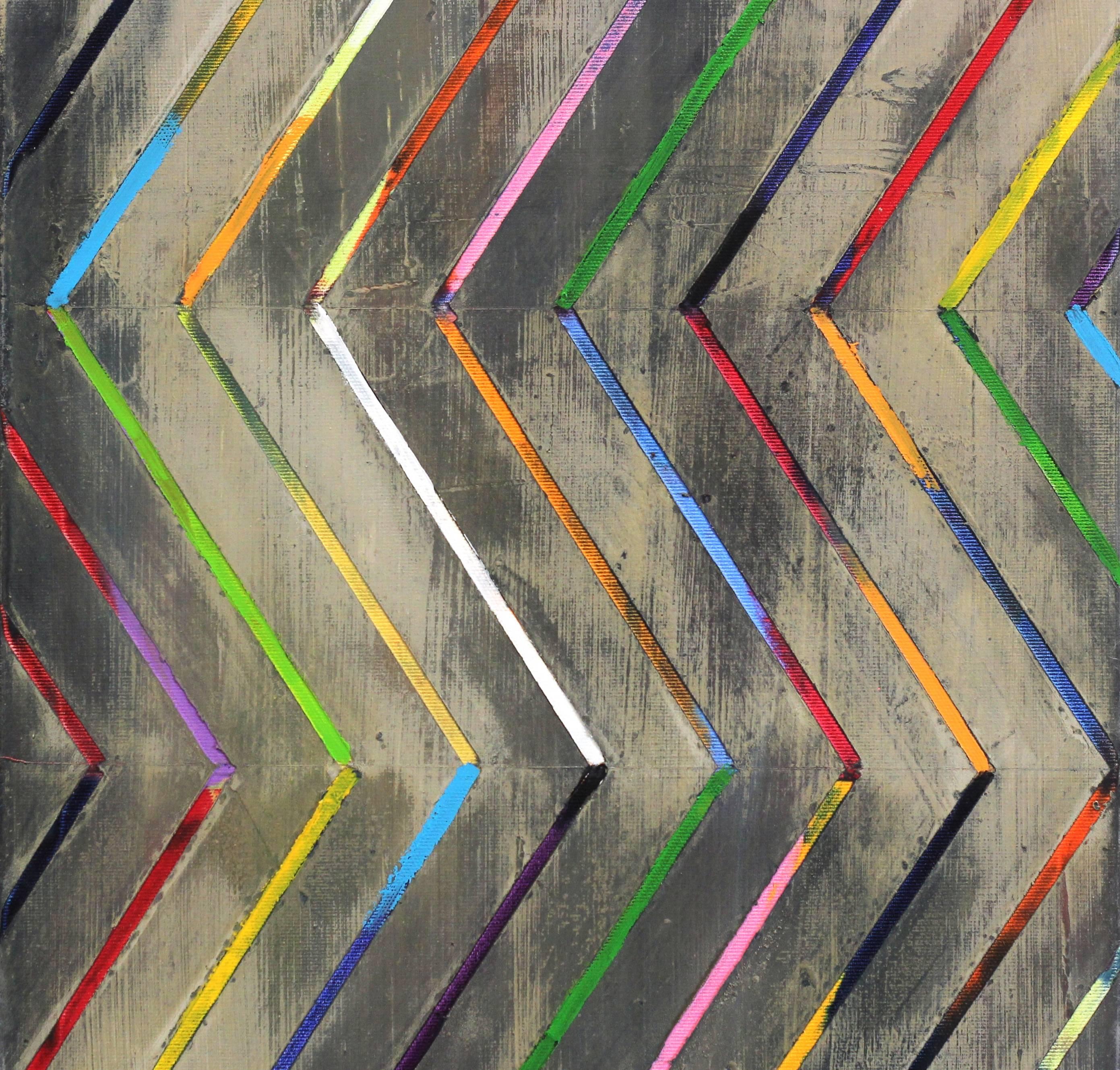 Zig Zag 16-3-2 - Peinture à l'huile colorée originale, rayures avec texture en vente 3