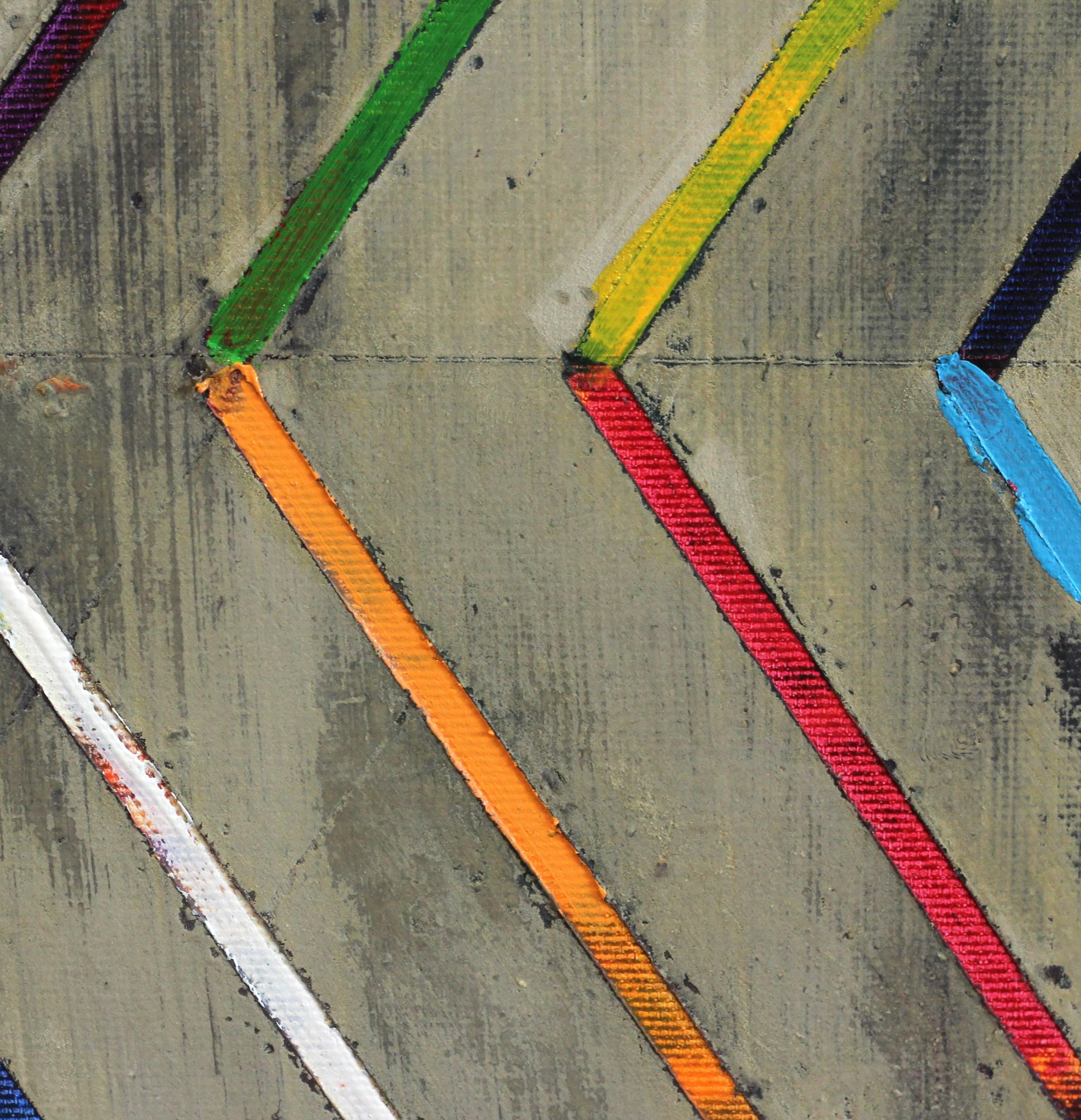 Zig Zag 16-3-2 - Original farbenfrohes Ölgemälde mit Streifen mit Textur (Geometrische Abstraktion), Painting, von Petra Rös-Nickel