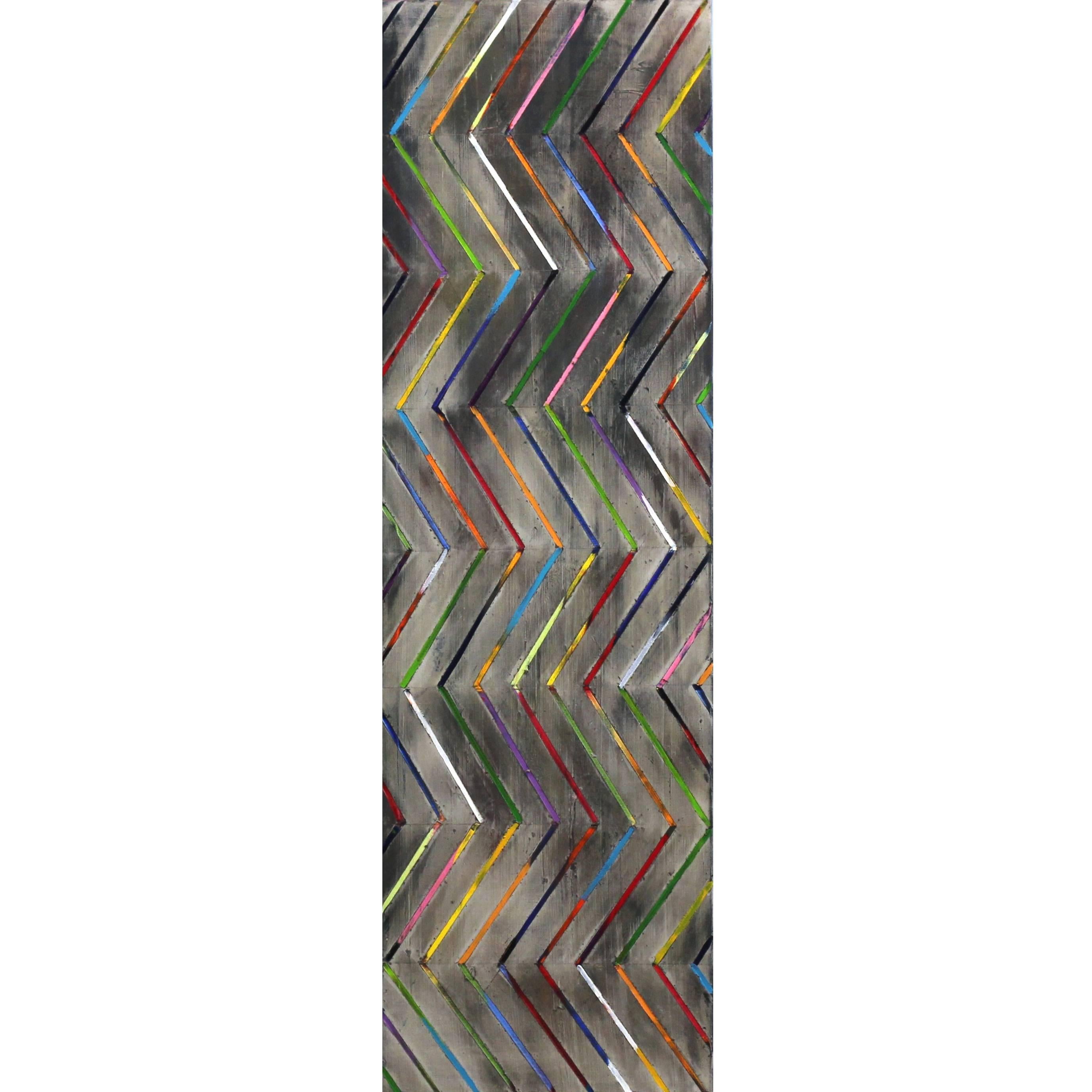 Zig Zag 16-3-2 - Original farbenfrohes Ölgemälde mit Streifen mit Textur