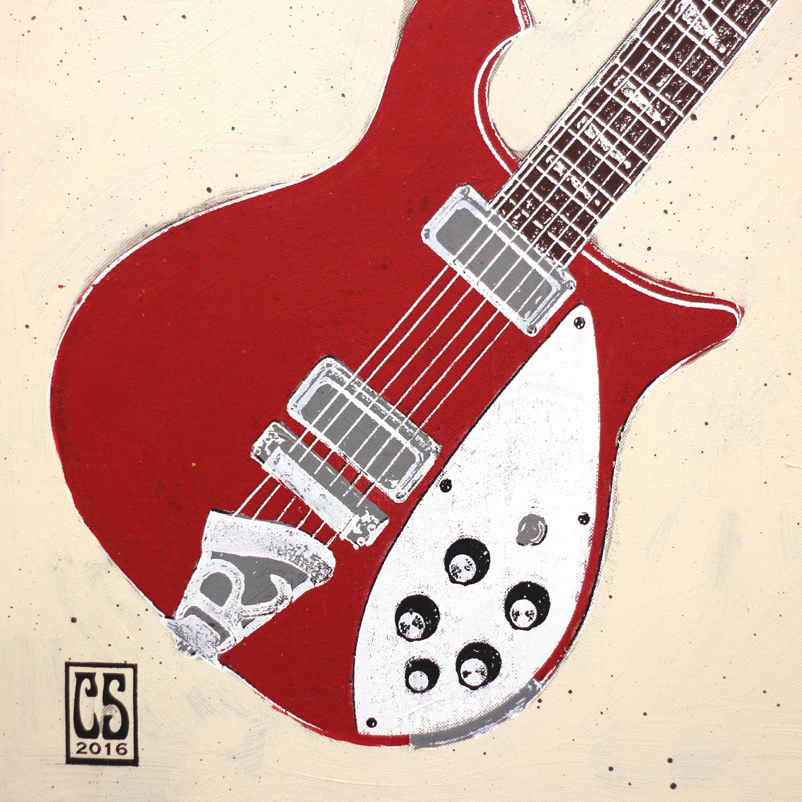 Double Trouble - Two Red Guitars Original Music Instrument Painting on Canvas For Sale 4
