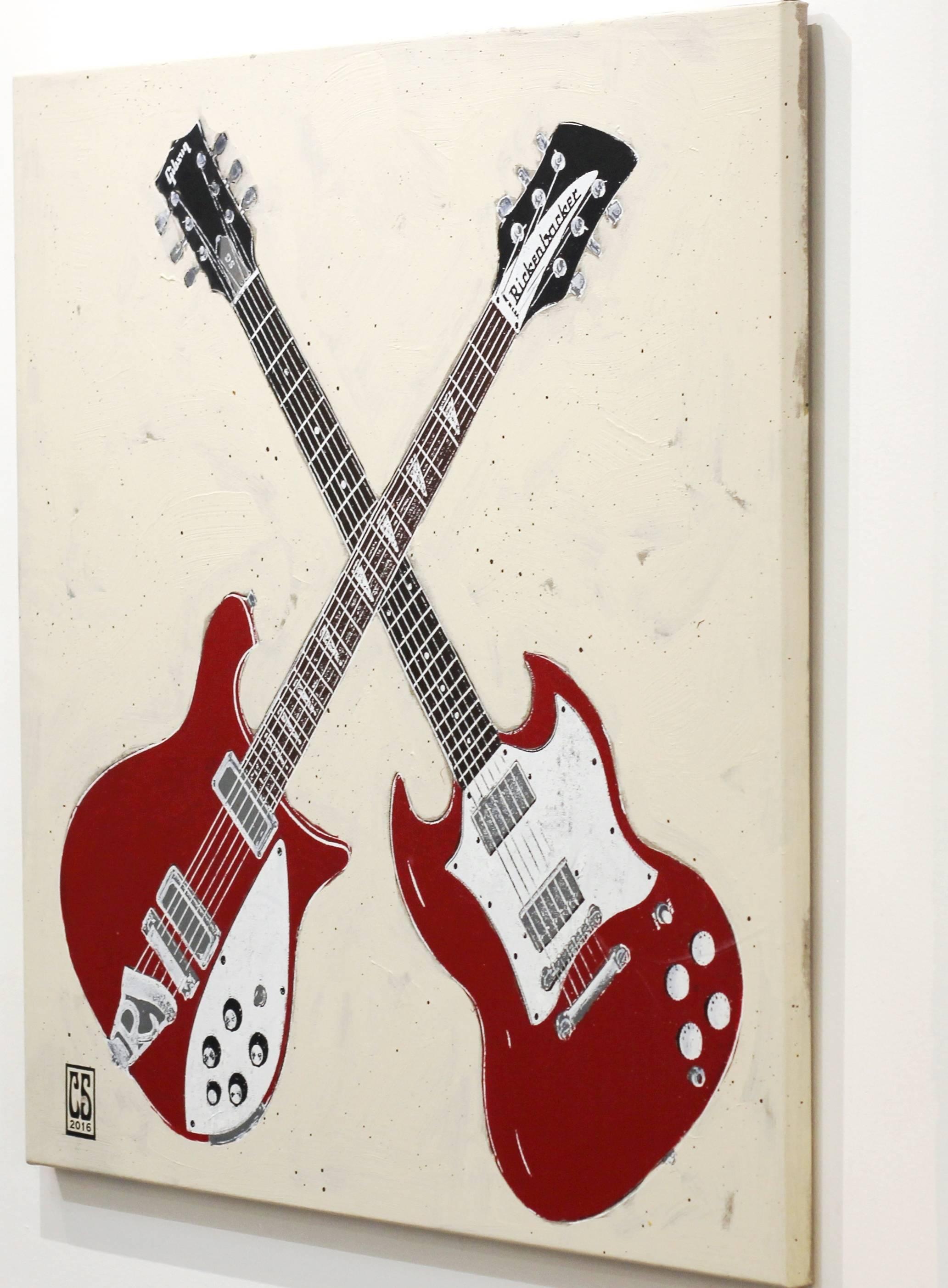 Double Trouble - Two Red Guitars, Original-Musikinstrumentgemälde auf Leinwand (Pop-Art), Painting, von Carl Smith