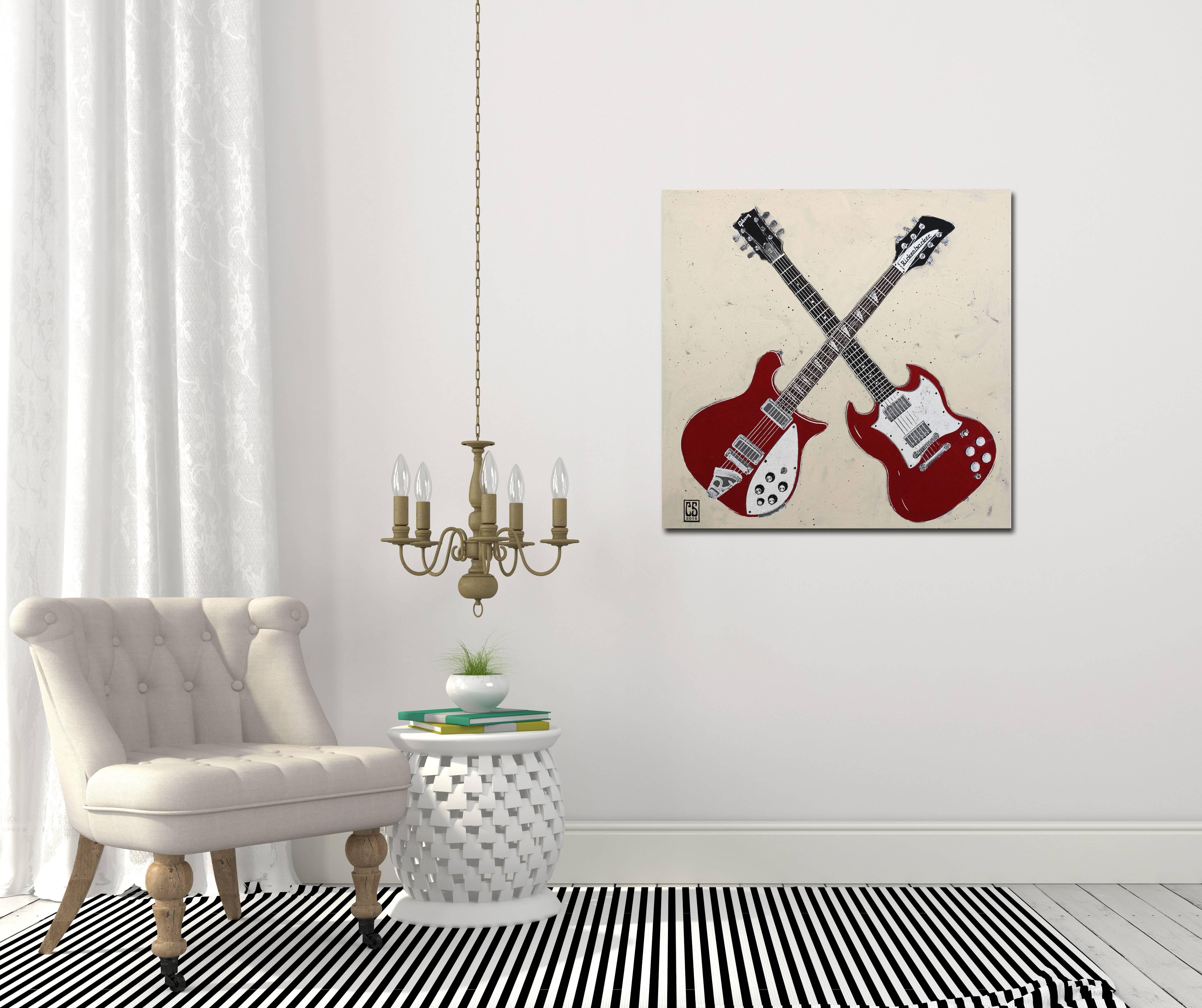 Double Trouble - Two Red Guitars Original Music Instrument Painting on Canvas - White Still-Life Painting by Carl Smith