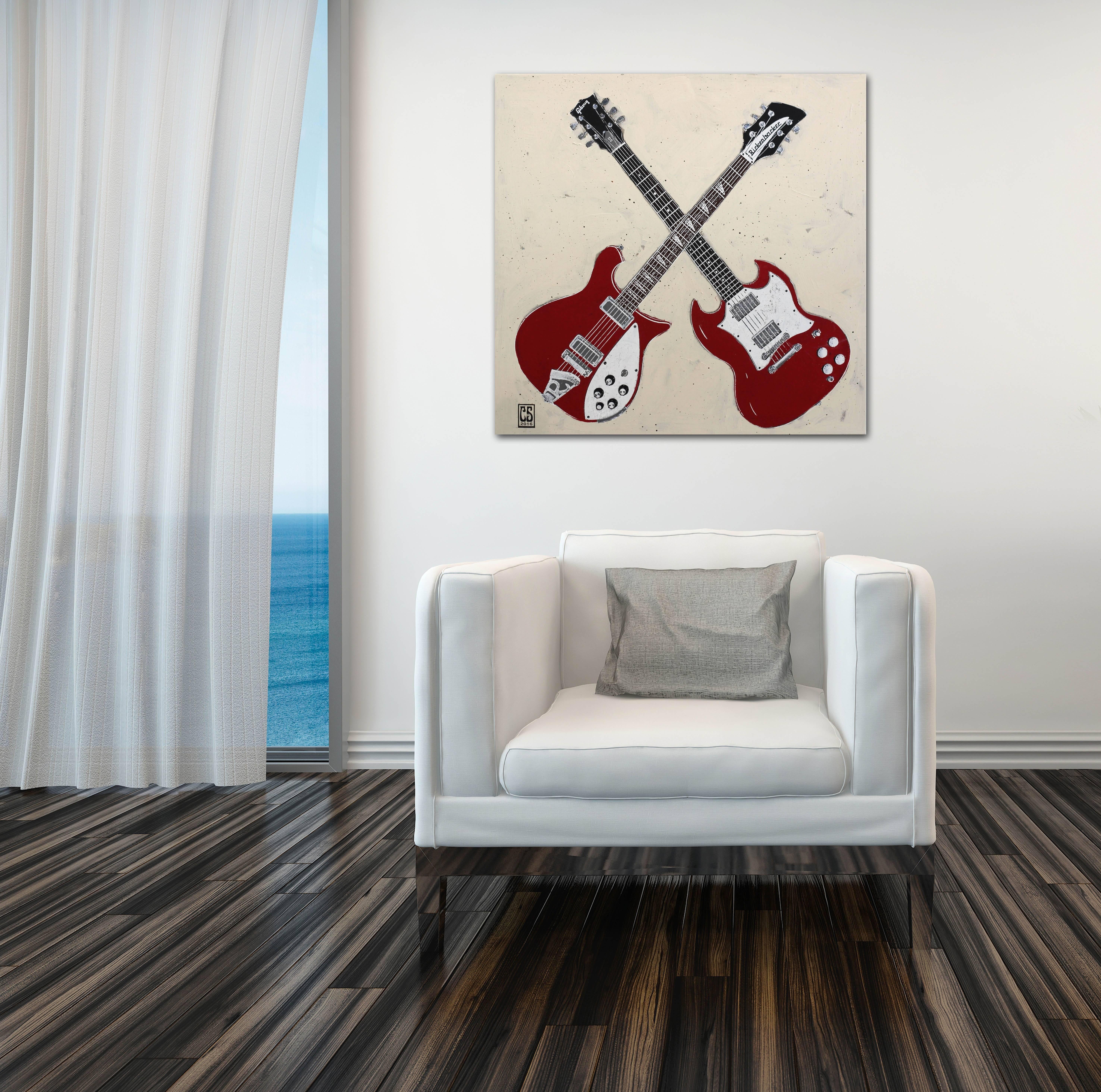 Double Trouble - Two Red Guitars Original Music Instrument Painting on Canvas For Sale 6