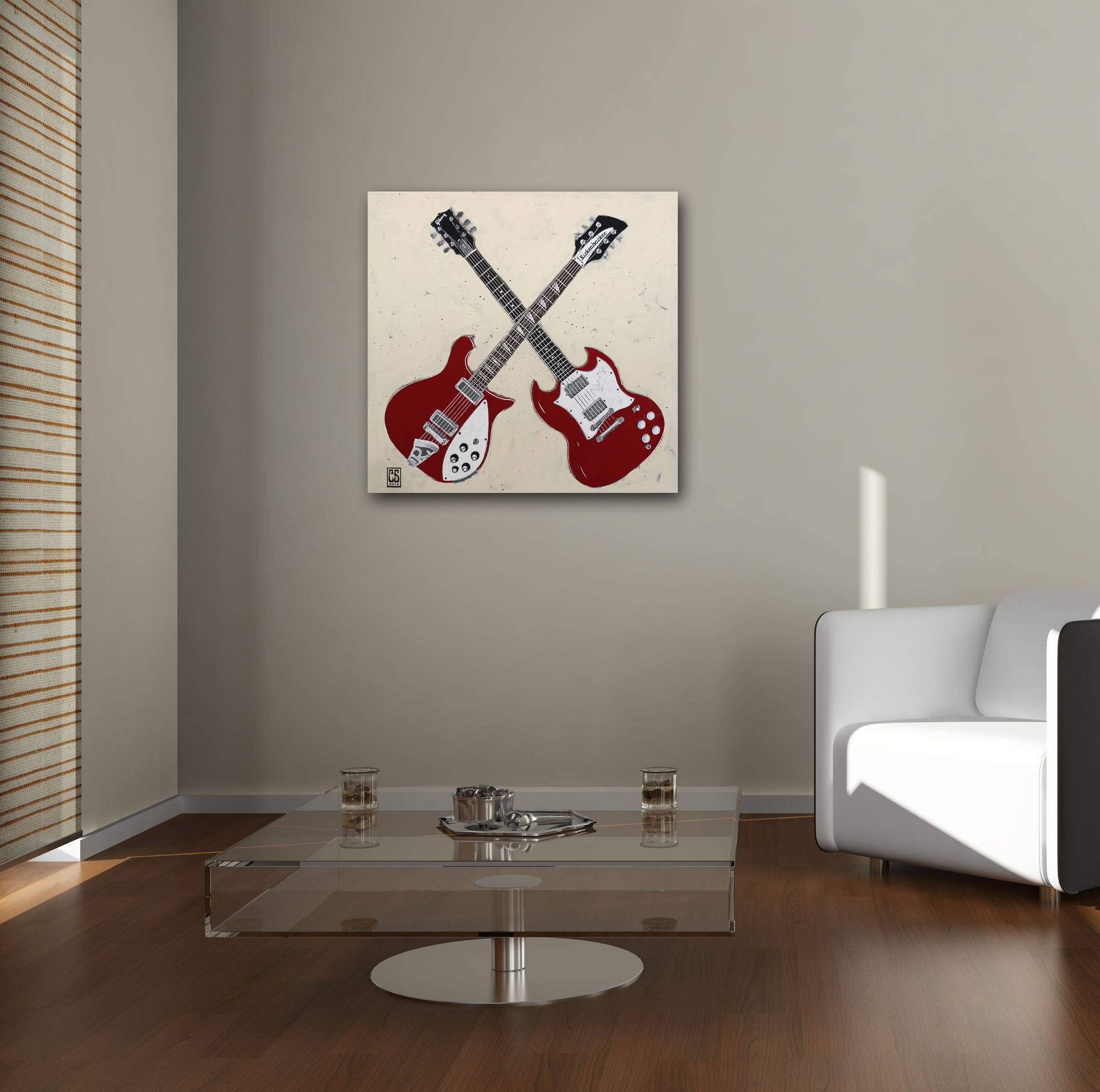 Double Trouble - Two Red Guitars Original Music Instrument Painting on Canvas For Sale 2