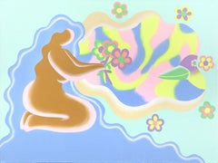 Birdy - Quadro figurativo floreale originale surrealista a pastello vibrante