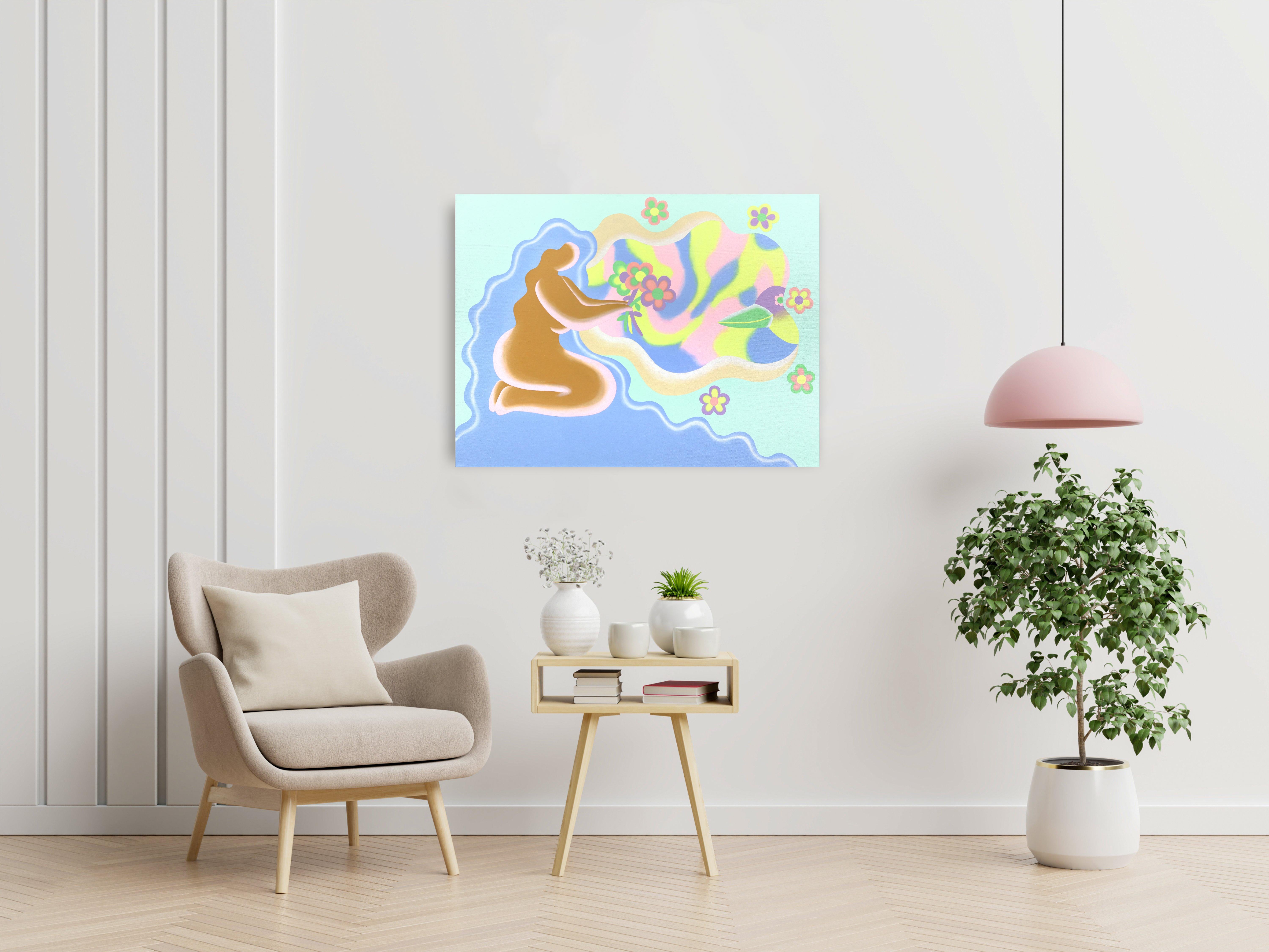 Birdy - Quadro figurativo floreale originale surrealista a pastello vibrante - Painting di Amy Tai