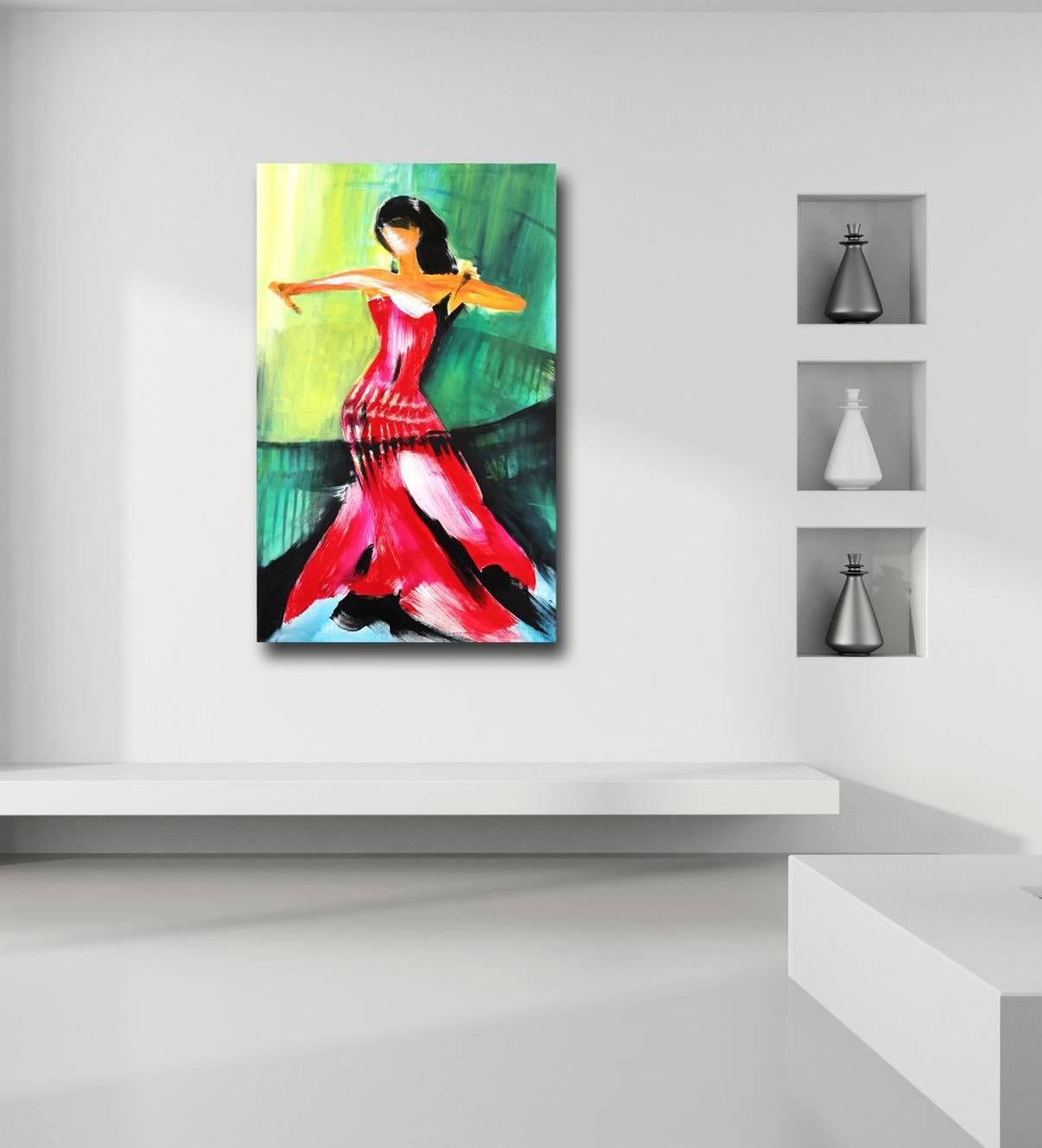 Dancer in Red - Large Colorful Expressive Figurative Oil Painting on Canvas - Green Abstract Painting by Bettina Mauel